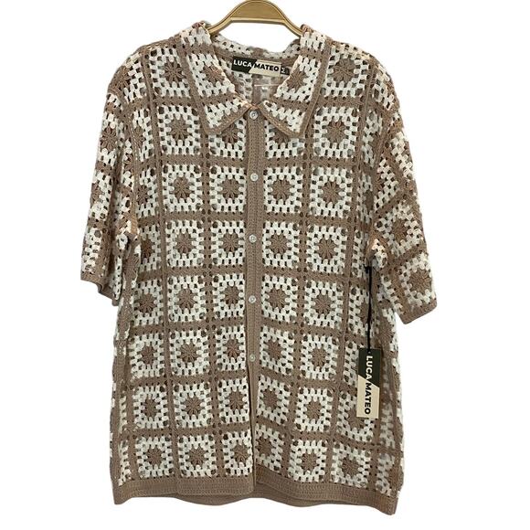 Luca Mateo Other - Luca Mateo Mens Granny Square Crochet Knit Shirt Size M Tan White Coastal NWT